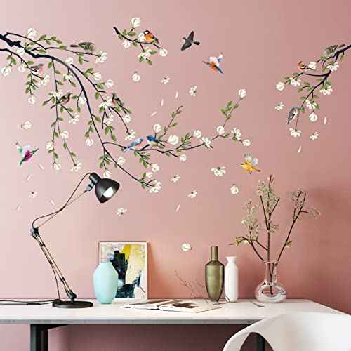 Green Vine Wall Decal White Flowers and Birds on Branch Natural View Wall Sticker DIY Detachable Peel and Stick Wall Art Mural for Living Room Bedroom offcie Home Decor