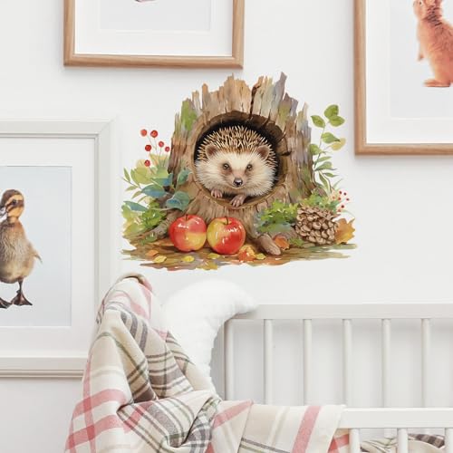 Cute Hedgehog in Tree Hole Wall Decal Nursery Animal Wall Sticker Removable Peel and Stick Wall Art Decor for Kid Baby Classroom Preschool Living Room Playroom Bedroom School