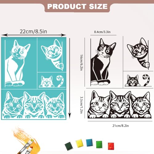 2 Sheets Silk Screen Stencil, Interesting Cats Painting Stencils Templates Reusable Self-Adhesive Silk Screen Printing for Wall Border Wood Fabric Home Craft Decor