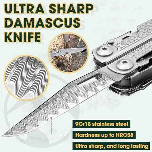 Multitools Pliers Pro, Upgraded Multi Tool With Damascus Knife, Replaceable Wire Cutters and Screwdirver Set, Foldable Multitools with Scissors, Screwdriver, Ideal for Camping,Survival, Repair