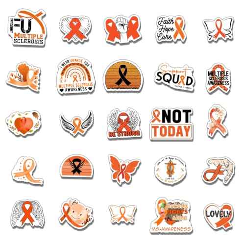 50 Pack Pcs Multiple Sclerosis Awareness Orange Ribbon Stickers for Water Bottles Waterproof Vinyl Laptop Luggage Inspirational Sticker Packs Adults Teens Aesthetic Small Decals