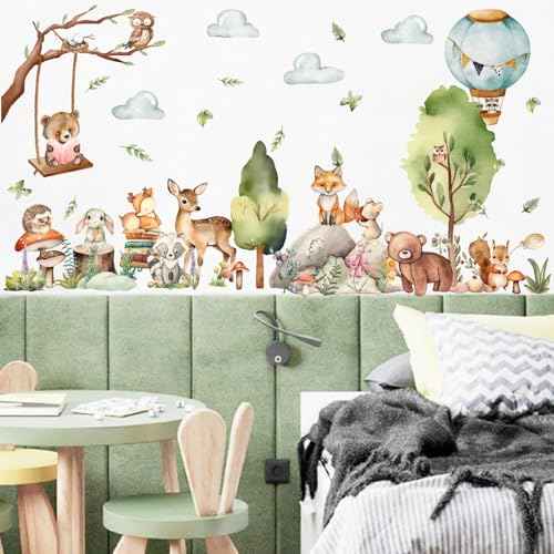 Woodland Animal Wall Stickers Jungle Forest Animal Wall Decals Cartoon Animals Wall Decals Peel and Stick Cute Balloon Cloud Tree Animals Wall Stickers for Nursery Kids Room Playroom Decor