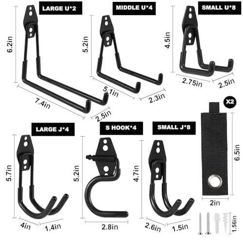 Garage Hook Heavy Duty Wall Storage Hangers, 32 Pack Garage Storage Hooks Steel Tool Black for Ladders, Ropes, Garden Tools