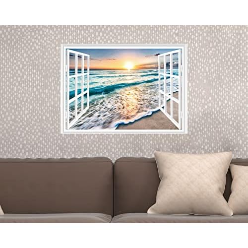 FLFK Fake Window Wall Sticker - Sunset Beach Faux Window Wall Mural for Wall Decor, Stick and Peel Wall Decals,16"x24"