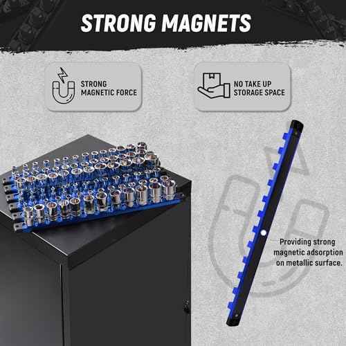 ALOANES Magnetic Socket Organizer Set, 3-Piece Heavy Duty Aluminum Socket Holder Socket Rail Organizer for Tool Box, 360¡Æ Swivel Clips Socket Rack 1/4, 3/8, 1/2-Inch x 40 Clips (Blue)