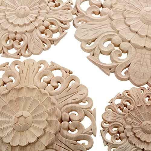 MUXSAM Wood Carved Onlays Appliques, Round Rosette Woodcarvings Center Decals for Closet Door Cabinet Drawer Wall Ceilling Dresser Wardrobe Crafts Decor(2-Pack, 12cm/4.7")