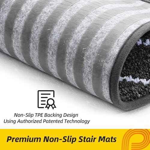 Non-Slip Stair Treads for Wooden Steps Indoor, 15 Pack 9" X 28" Edging Stair Carpet Mat with TPE Backing, 0.4" Thick Stair Runners for Kids Elders & Pets, 100% Polyester Stair Rugs, Black&White