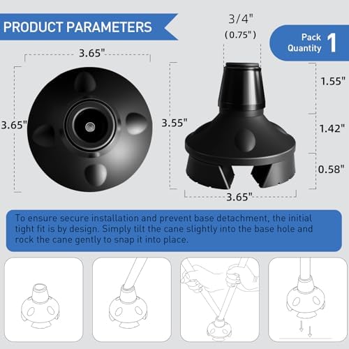 Cane Tip,Quad Cane Base Self Standing Design with Heavy Duty,360° Pivoting Replacement 4 Prong Base for All Terrains Stable and Non-Slip for 3/4 inch Canes