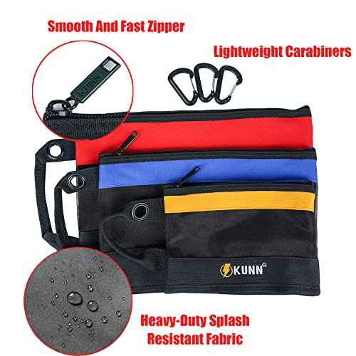 KUNN Tool Bag Zipper Pouch 3 Pack - Heavy Duty Utility Tool Storage Organizer with Carabiner for DIY,Electrician,Accessories and Travel£¨Red,Blue,Yellow£©