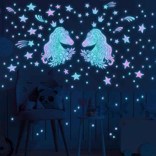 33.46 x 20.47 Inch Glow in The Dark Unicorns Wall Decals Unicorns Stars Wall Stickers Blue Luminous Glow Stars Ceiling Stickers Decor for Baby Girls Boys Bedroom Ceiling Nursery Room