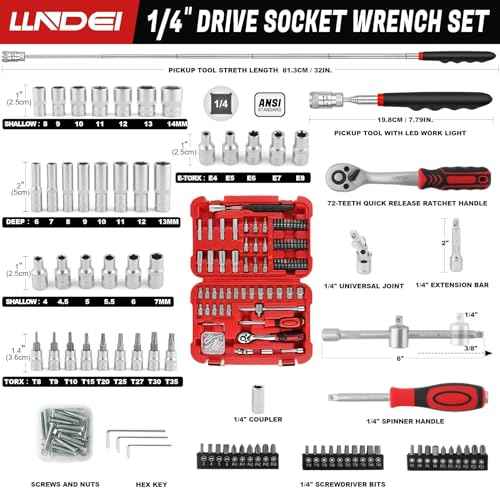 LLNDEI 106PCS 1/4-inch Drive Socket Set with Wrench, CR-V Steel Kit, Ratchet Handle, Screwdriver Bit Set & Magnetic Pickup Tool, With 11x8x2.5-inch Carrying Case