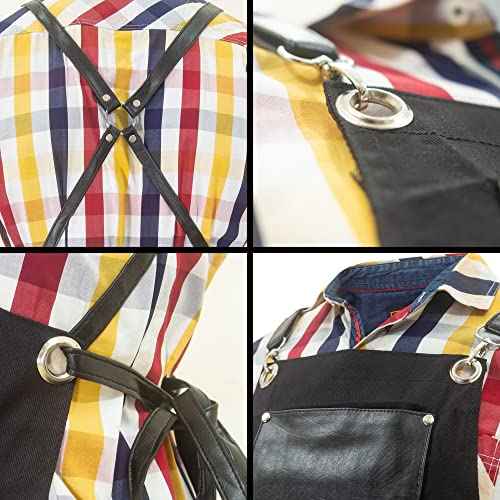 ikAS Canvas Apron for Men - Black Crossback Work Apron with Pockets - Adjustable Cotton Canvas for Hairdressers, Barbers, Artists, Cooking, Woodworking,Carpenters