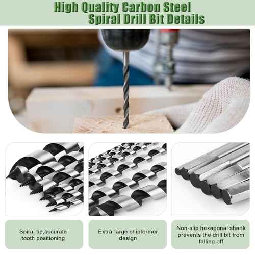 6Pcs Long Auger Drill Bit Set for Wood,Fast Drilling, Carbon Steel Extra Long Bit, Multi-Size 1/4", 3/8", 1/2", 5/8", 3/4", 7/8" Hex Shank Auger Drill, Suitable for Hard and Soft Wood