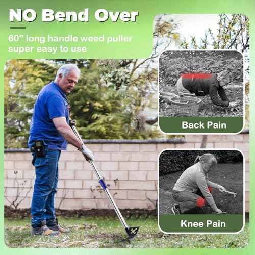 Weed Puller Tool with Long Handle, 60'' Weed Remover Weeding Tool, Heavy Duty 2 in 1 Manual Weed Rake and Garden Hoe, Gardening Weeder Tools for Yard, Lawn, Patio, Garden Blue