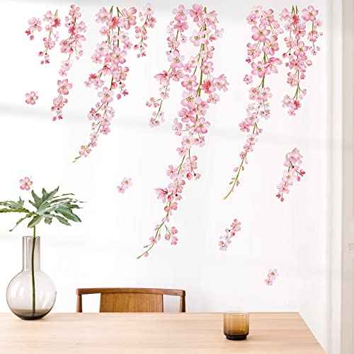 wondever Cherry Blossom Wall Stickers Pink Flower Hanging Floral Peel and Stick Wall Art Decals for Living Room Bedroom TV Background