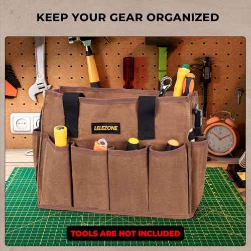 Tool Bag 16 oz. Waxed Canvas Tool Bag Large Capacity Tool Storage Tote comes with a Main Compartment and 12 Exterior Pockets for Wrenches, Scissors, Hammers or a set of Garden Tools and More - Khaki