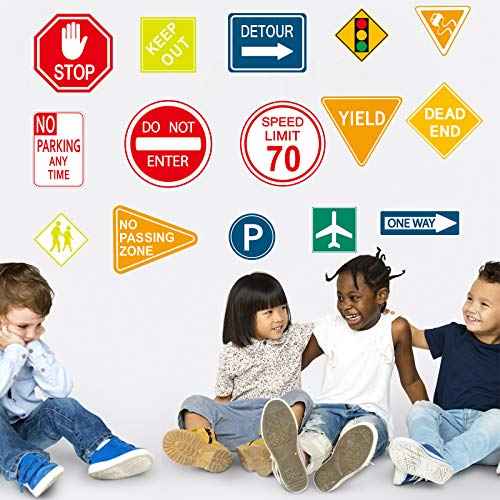 Zonon 15 Pieces Road Signs Wall Decal Traffic Street Signs Stickers Stop Street Transportation Vinyl Wall Decals for Kids Bedroom Classroom Playroom Birthday Decor