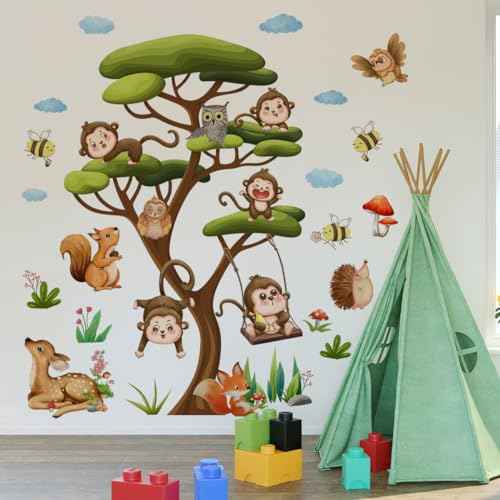 66.14 x 57.48 Inch Large Jungle Green Tree Wall Stickers Wild Monkey on The Tree Branches Wall Decals DIY Safari Sika Deer Owls Squirrels Grass Animals Decor for Kids Baby Bedroom Living Room Nursery