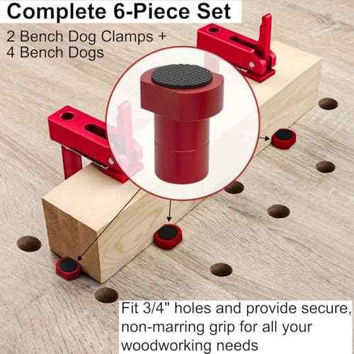 Bench Dog Clamp,3/4"(19mm) Bench Dog Hole Clamp for Woodworking, Adjustable Quick-Lock Bench Clamps for Woodworking, Non-Marring Pads, Long Handle Holdfast for MFT Table (6-Piece Set)