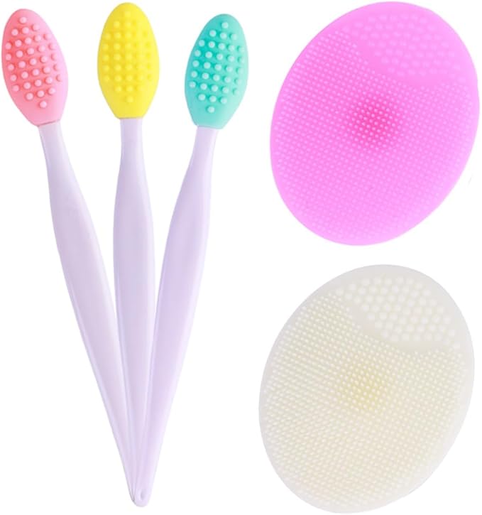 5 Pcs Mini Exfoliating Brush Set - 2 Pcs Silicone Facial Cleansing Brush and 3 Pcs Lip Scrub Brush