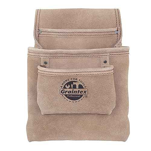 Graintex SS2048 3 Pocket Nail & Tool Pouch Beige Color Suede Leather for Constructors, Electricians, Plumbers, Handymen