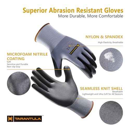 Tarantula Safety Work Gloves for General Purpose Nitrile Coated 12 pairs, Seamless Knit Breathable Nylon Glove with Black Micro-Foam Nitrile, Medium