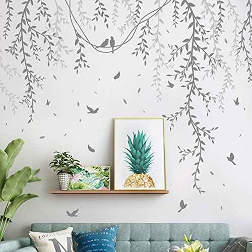 3D Removable Grey Vines Wall Stickers - Peel & Stick DIY Wall Decals with Flying Birds, Waterproof PVC Wall Decor for Kids Room, Bedroom, Living Room, Office (30x45cm x6, 89x164cm Coverage)
