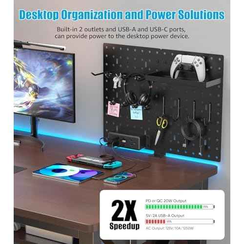 CCCEI Set Desk Organizer and Storage Pegboard with Charging Station, Gaming Standing Office Supplies Shelf Accessorie, Black Desktop Clamp Peg Board Privacy Organization Panel. Gifts for Men, 6FT.