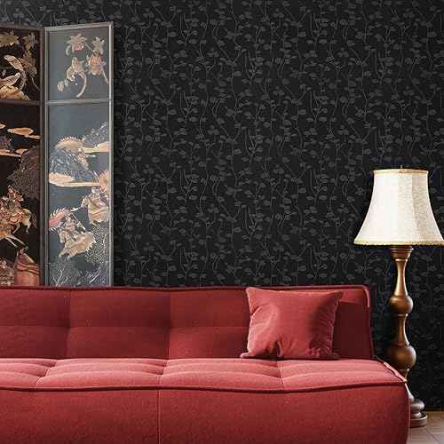 CRE8TIVE Black Wallpaper Peel and Stick Textured Embossed Silk Wallpaper 12"x80" Self Adhesive Black Contact Paper for Cabinets Waterproof Vinyl Roll Branch Leaf Removable Wall Paper for Bathroom Wall