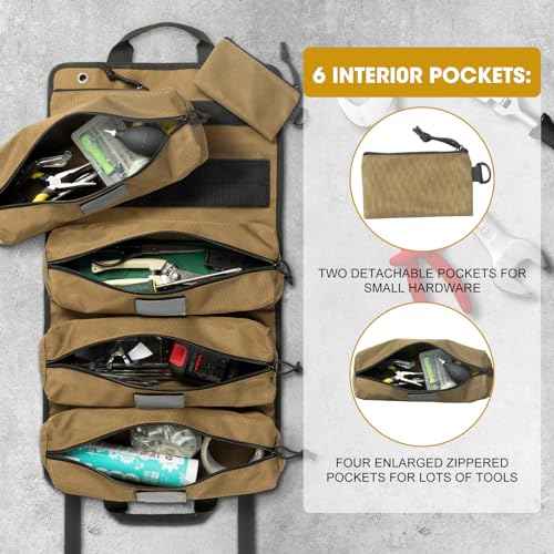 Tool Roll Bag Organizers- Heavy Duty Roll Up Tool Bag Organizer 6 Tool Pouches with Labeled, Small Tool Bag Removable Pouches, Gifts for Electrician,Carpenter, Plumber, Mechanic, Hobbyist