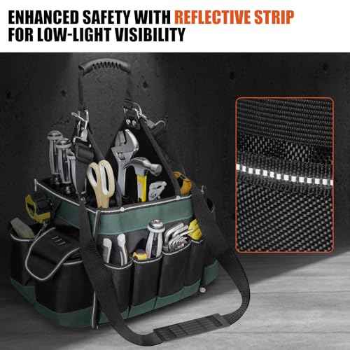 Open Top Tool Bag 15 Inch, Electrician Tool Bag with 22 Pockets, 25L Tool Bags for Men with Shoulder Strap & Reflective Strips, 1680D Waterproof Fabric, Green