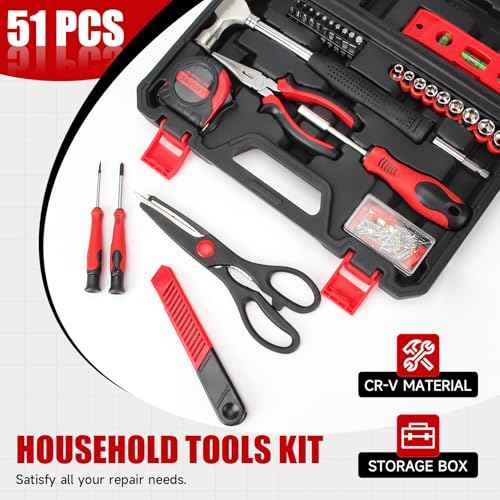 51-Piece Red Tool Set, Home Tool Kit with Toolbox Storage Case Home Repair Tool Kit with Drawer for Women