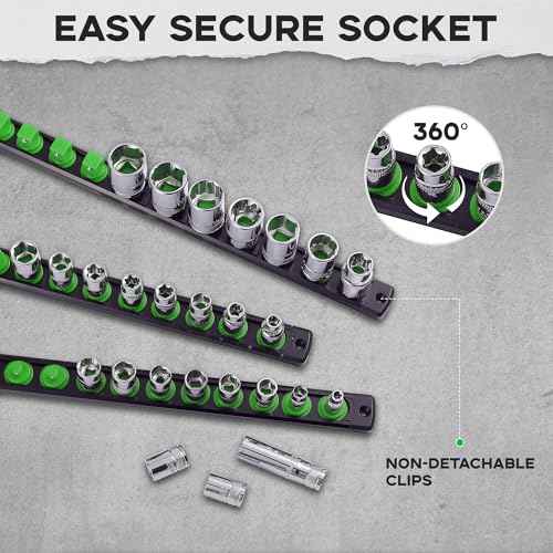 3-Piece Magnetic Socket Organizer, Heavy Duty Aluminum Socket Rails Organizer, 360¡Æ Swivel Clips Socket Holder Kit for Tool Box, 1/2, 3/8, 1/4-Inch Socket Holder x 40 Clips (Green)