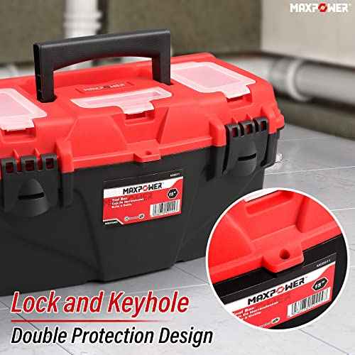 MAXPOWER Tool Box 15-Inch, Plastic Tool Boxes with Removable Tray & Dual Lock Secured For Home