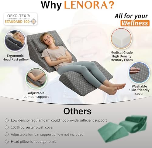 Adjustable Orthopedic Bed Wedge Pillow Set, Post Surgery Recovery, Memory Foam Wedge Pillow for Back, Knee and Leg Pain Relief, Sleeping, Sitting up in bed, Reading, Acid Reflux, Snoring, Melange Gray