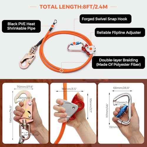 Tree Climbing Flipline Kit - Flip Line1/2 X8ft Tree Climbing Rope with Triple Lock Carabiner Adjuster Steel Swivel Snap for Fall Protection,Climbing Tree Equipment