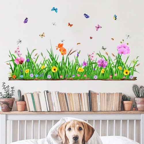 Green Grass Wall Corner Decals - Flowers Butterflies Baseboard Skirting Line Wall Stickers - Living Room Office Bedroom Sofa TV Background Home Wall Decor