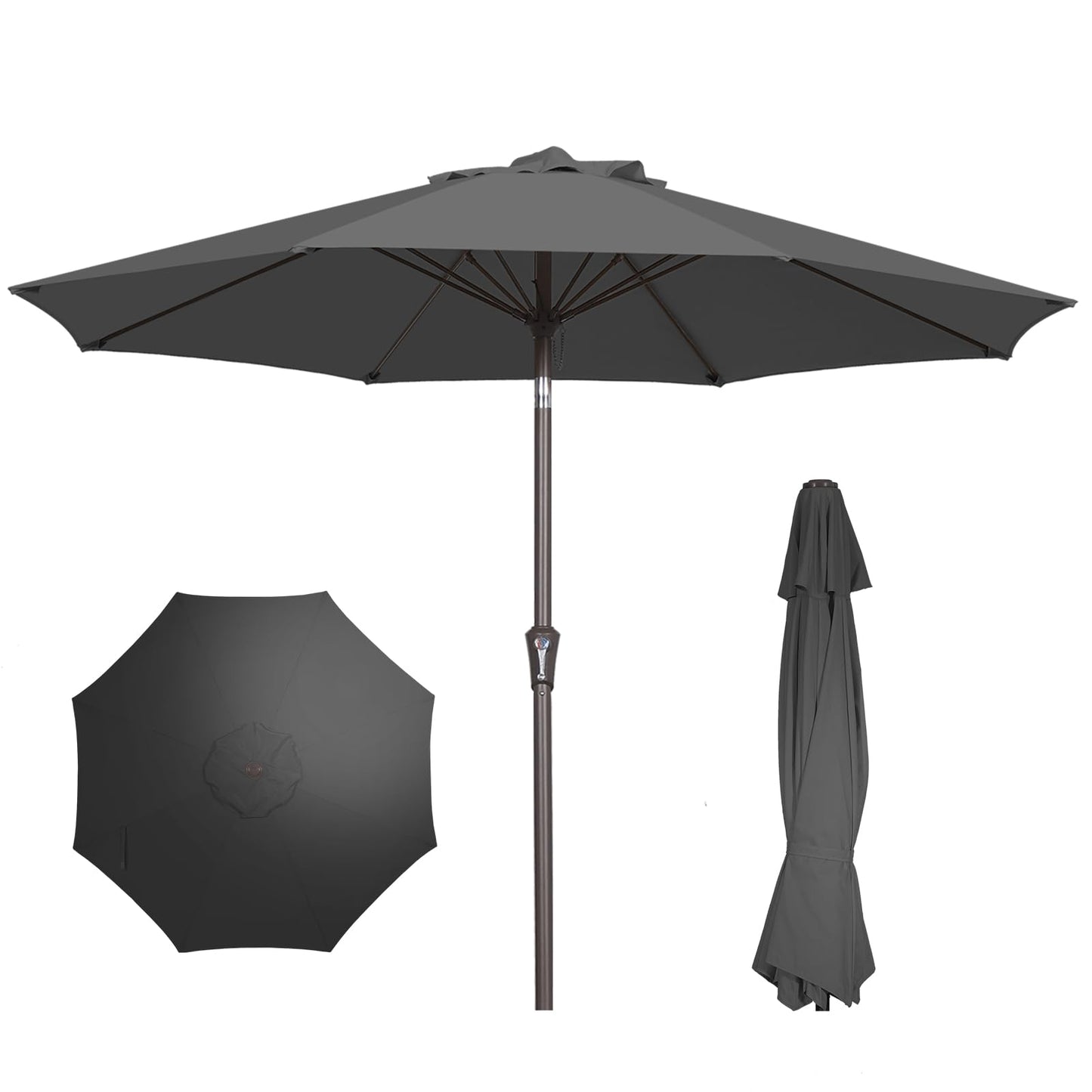 PatioKingdom 9FT Patio Outdoor Umbrella-UPF 50+ Sun Shade with Wind Vent, Push-Button Tilt & Smooth Crank Lift, Rust-Resistant Fiberglass Frame for Garden, Backyard,Yard (Gray)
