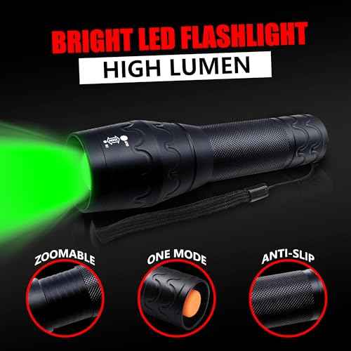 Green Light Flashlight Single Mode Adjustable Focus LED Torch for Night Hog Hunting, Fishing, Night Observation, 2 Pack
