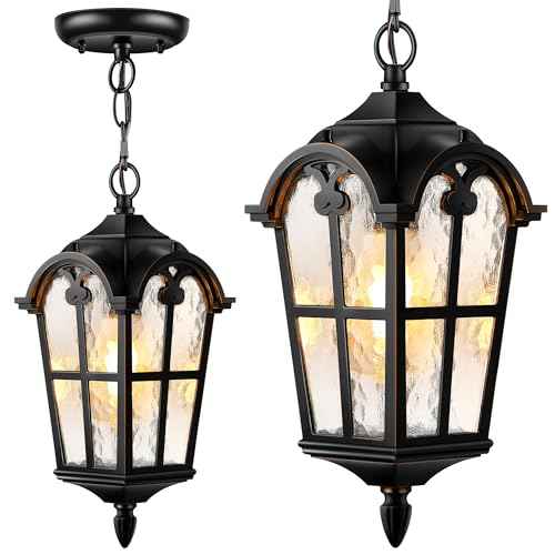 VIANIS Black Outdoor Pendant Light Lantern with Gold Trim, Outdoor Hanging Lights with Ripple Glass, Aluminum Outside Chandelier for Porch Waterproof and Anti-rust, Ceiling Fixtures for House Entryway