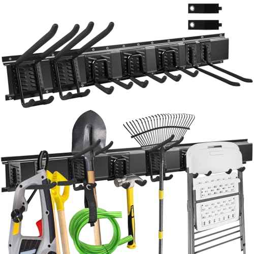 Garage Tool Organizer Wall Mount 48 inches Sturdy Storage Rack with Adjustable Hooks, Anti-Rust - Easy Installation, 12 Packs Capacity Garden Tool Organizer