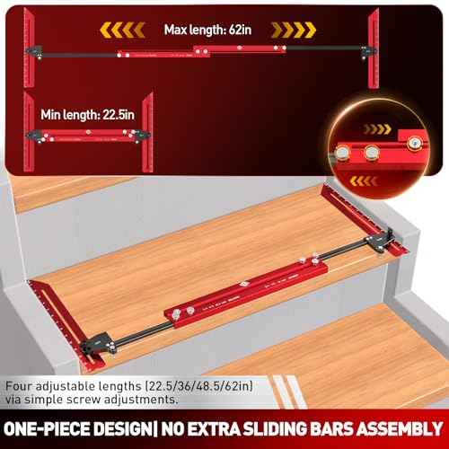 Stair Tread Template Tool, One-Piece Design Stair Measuring Tool, Adjustable Length from 22.5" to 62", Precision Stair Tread Jig Gauge with 14" Scale Pivoting End and Stop Pins