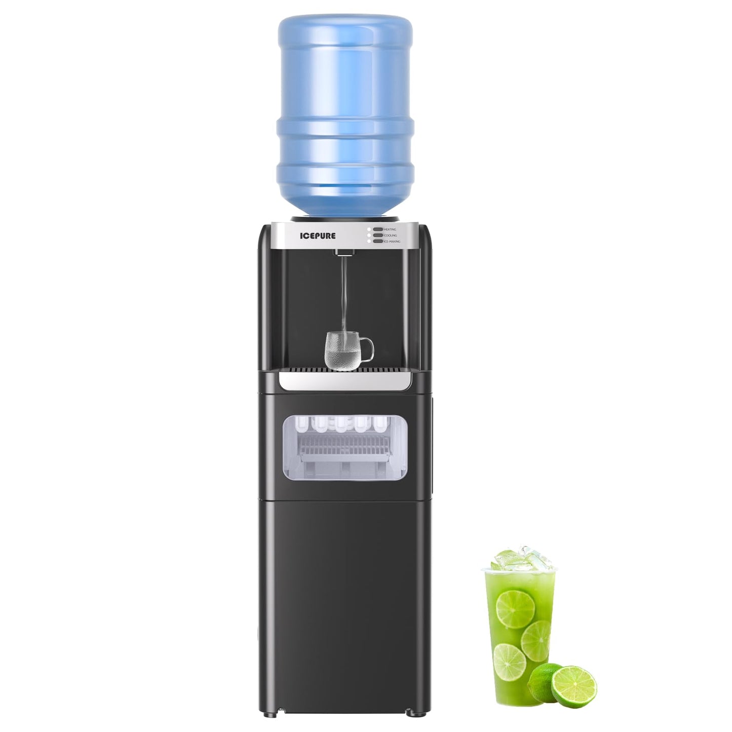 ICEPURE Water Cooler Dispenser with Build-in Ice Maker, Hot and Cold Water Dispenser with Bullet Ice Maker, 33lbs/24H, Child-Lock,Top Loading