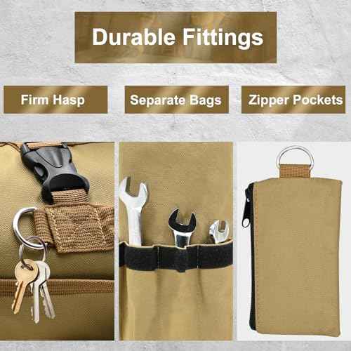 Roll Up Tool Bag, Heavy Duty Tool Roll Bag, Tool Roll Organizer with 2 Detachable Pouches, 900D Waterproof Oxford Cloth, Gifts for Dad, Men/Women, Mechanic, Electricians, Repairman, Khaki