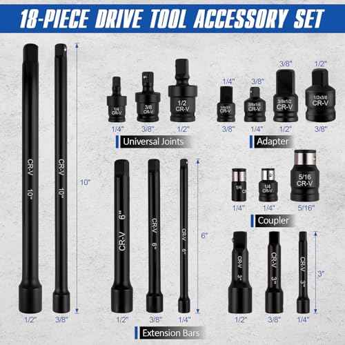 18-Piece Professional Impact Socket Extension Set with 1/4", 3/8" & 1/2" Drive Extension Bars, Socket Adapter Set, Swivel Universal Joints and Impact Coupler