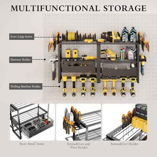 Power Tool Organizer Wall Mount, Tool Organizer and Storage for Garage, 8 Drill Holder with 2 Tool Drawers, 4 Layer Garage Tool Rack, Garage Wall Organizer with Screwdriver/Plier/Hammer Holder(Black)