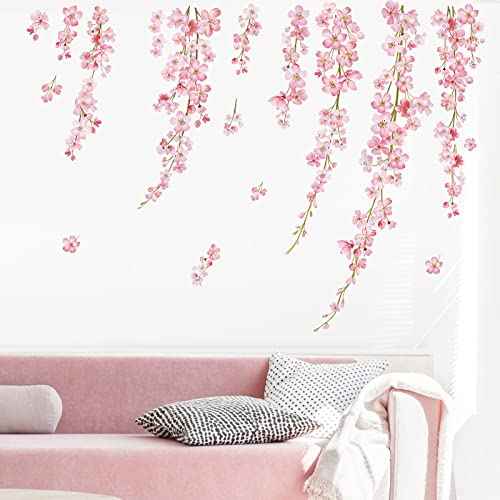 wondever Cherry Blossom Wall Stickers Pink Flower Hanging Floral Peel and Stick Wall Art Decals for Living Room Bedroom TV Background