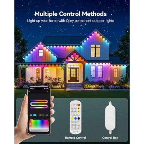 Ollny 50FT 30LED Permanent Outdoor Lights, APP Control RGB Outdoor Lights 100 Scene Modes with Remote, DIY Music Modes Christmas Light for Holiday Xmas Halloween Decorations