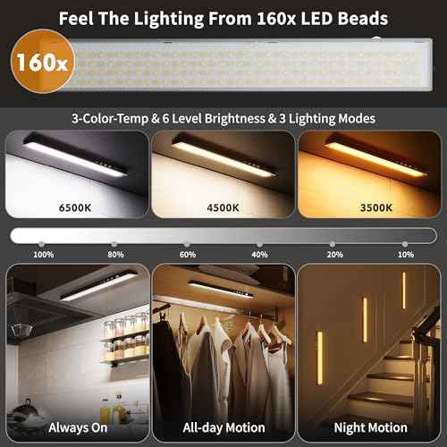 160LEDs Touch-Control Under Cabinet Lighting w/4000mAh Battery, Cordless Motion Sensor Under Counter Lights for Kitchen, Magnetic Rechargeable Closet Lights - 5Pack/Black, 2025 Fall