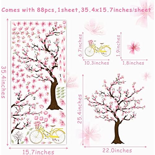 Cherry Tree Wall Sticker Cherry Blossom Tree Wall Decals Large Trees Sticker Peel and Stick Floral Trees Decals Pink Flower Stickers for Girls Room Bedroom Nursery